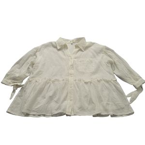 White Cotton Blouse Button Down Ruffle Waist Oversized Womens Medium